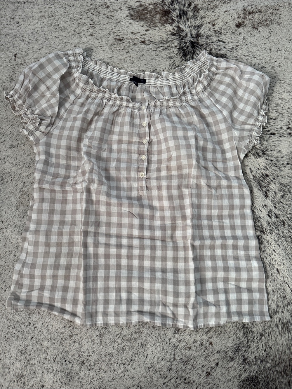 GAP Beige and White Gingham Short Sleeve Peasant Top